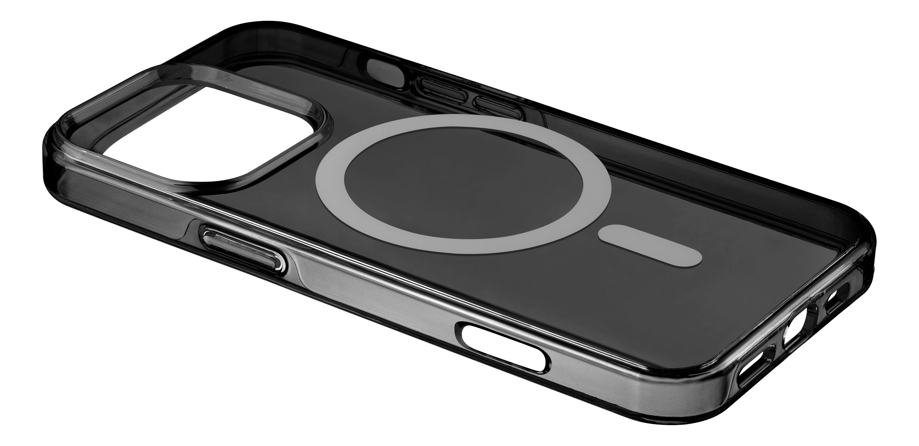 Coque de téléphone transparente avec anneau gris foncé. Fond noir.