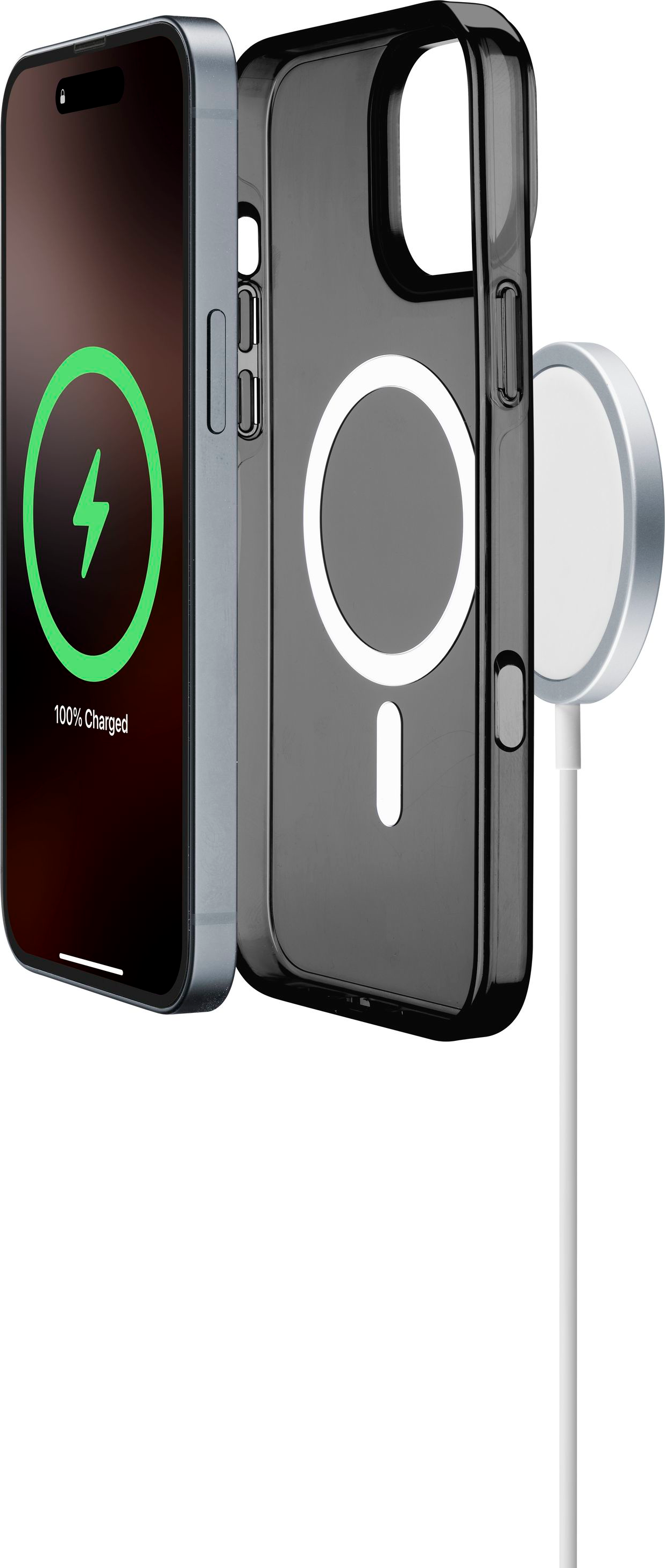 Un téléphone et un étui avec un chargeur magsafe. Le téléphone est chargé et l'étui est noir.