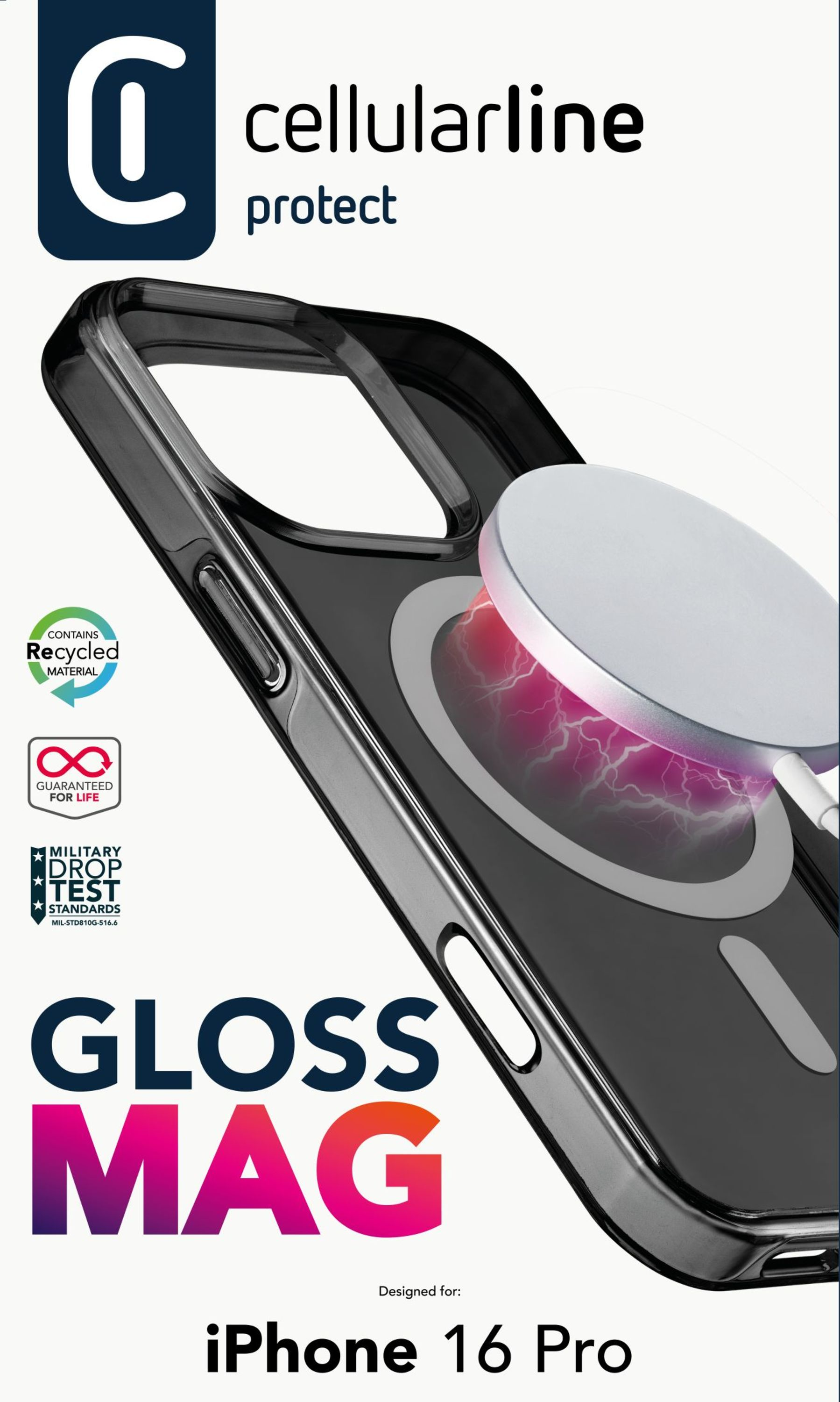 Une coque de téléphone avec un téléphone à l'intérieur et un appareil de chargement en arrière-plan. Texte sur la coque.