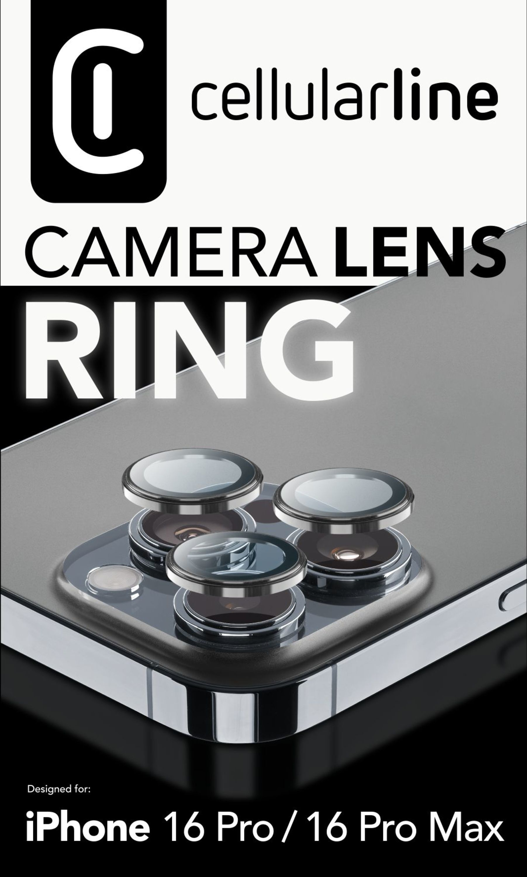 Kameraobjektivring mit drei Linsen auf einem Telefon. Cellularline-Logo oben.