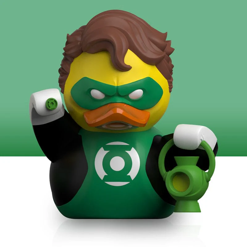 Green Lantern gumikacsa játék. Sárga kacsa zöld maszkkal, zöld lámpást tart.