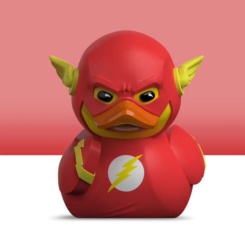 The Flash gumi kacsa játék piros-sárga jelmezben, haragos arccal és villám szimbólummal.