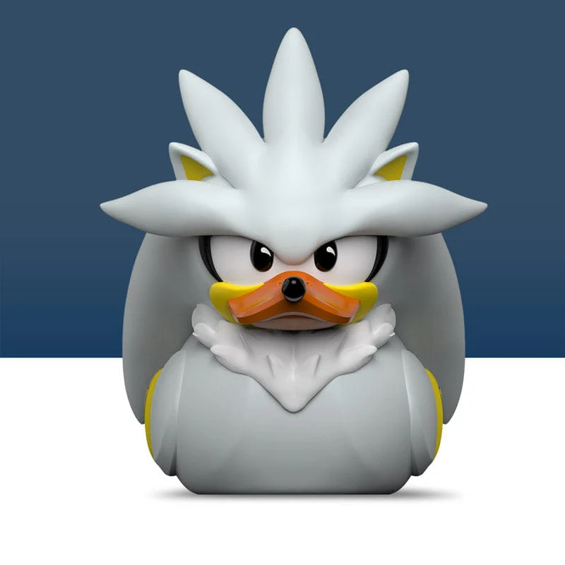 Egy rajzfilm Silver the Hedgehog figura kék háttéren.