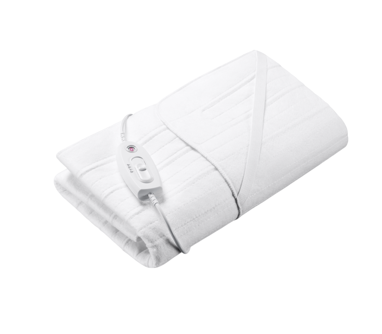 Weiße elektrische Heizdecke gefaltet. Ein Bedienfeld ist oben sichtbar.