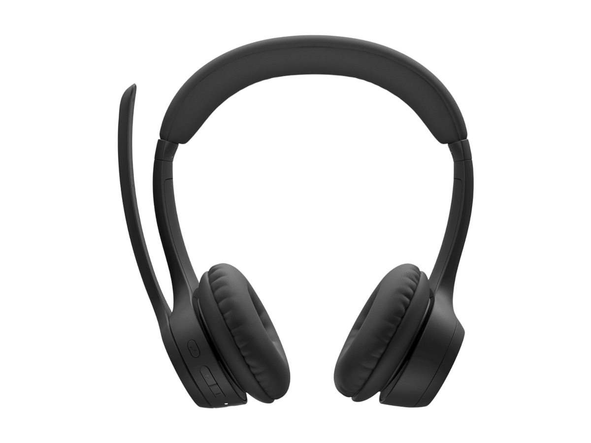 Schwarzes Headset mit Mikrofon, Ohrmuscheln und Kopfband. Der Hintergrund ist einfarbig schwarz.