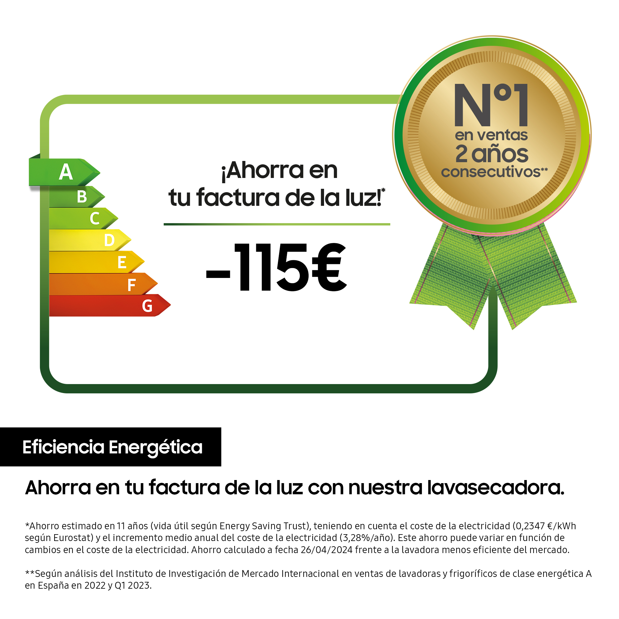 Etiqueta de eficiencia energética, un círculo verde con una medalla de oro que dice "N°1 en ventas 2 años".
