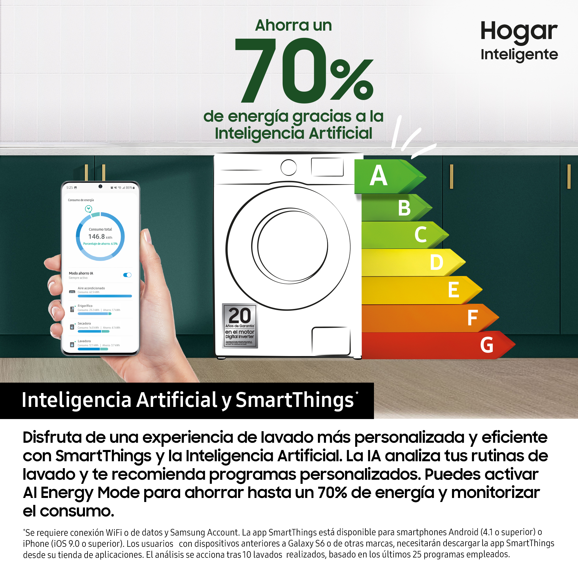 Una lavadora con pantalla digital y etiquetas de eficiencia energética que muestran un ahorro del 70%.