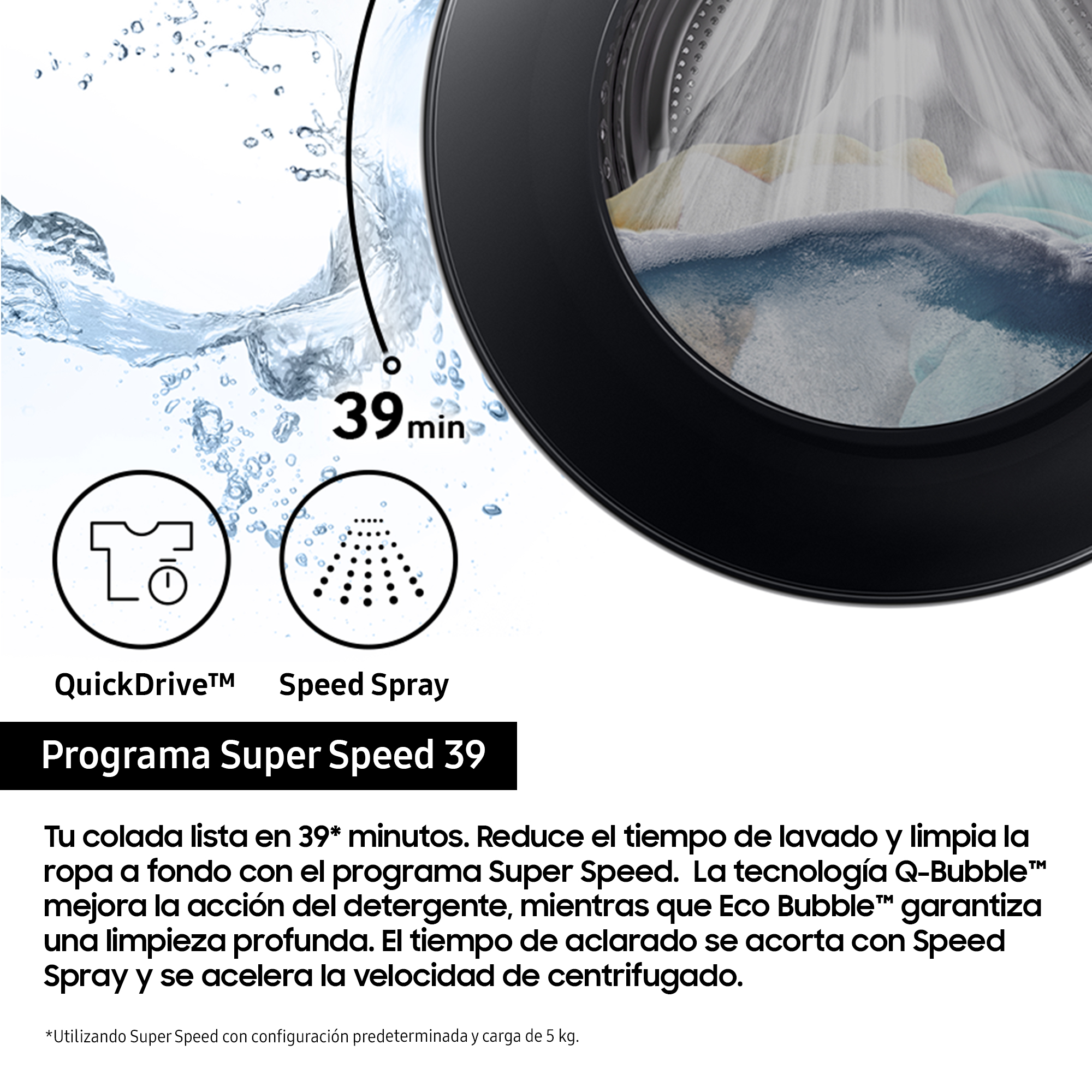 Lavadora con pantalla que muestra 39 minutos. Texto en la pantalla: QuickDrive y Speed Spray.