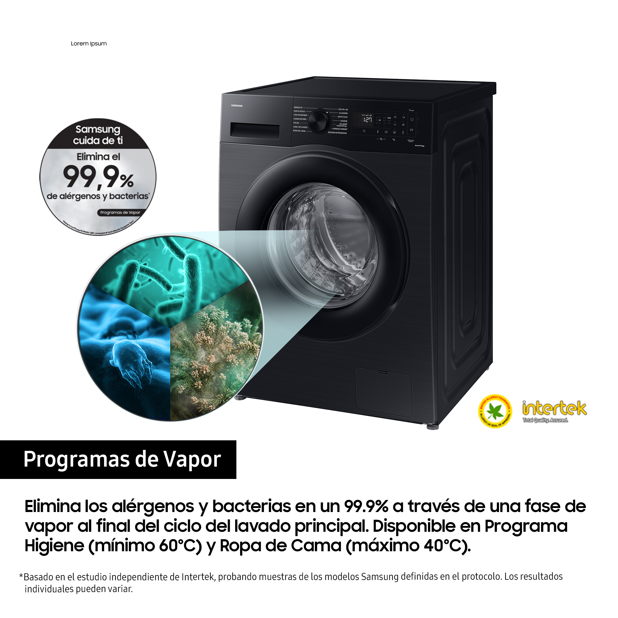 Lavadora negra con puerta redonda, ilustraciones de bacterias y texto.