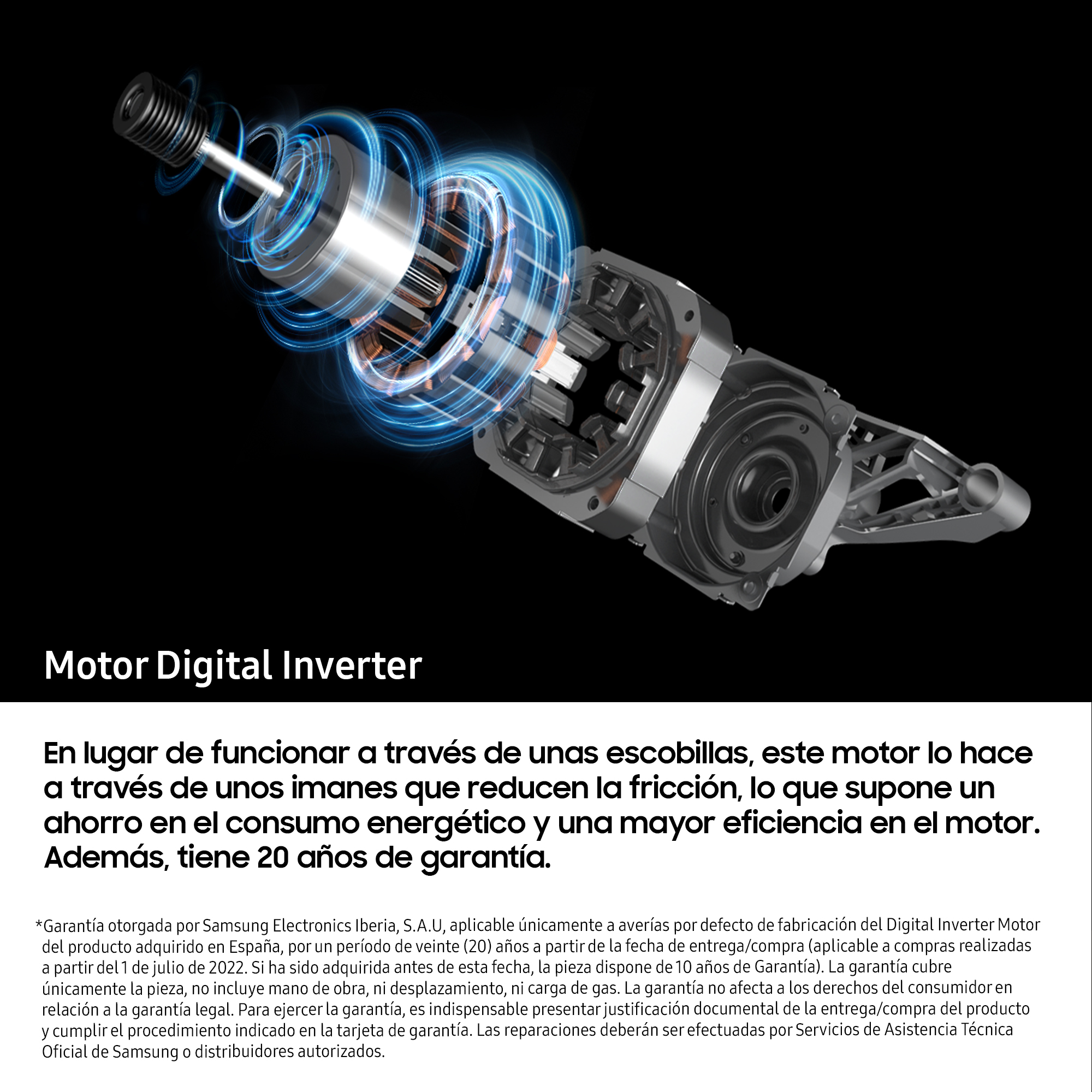 Motor Digital Inverter con descripción de texto y 20 años de garantía.
