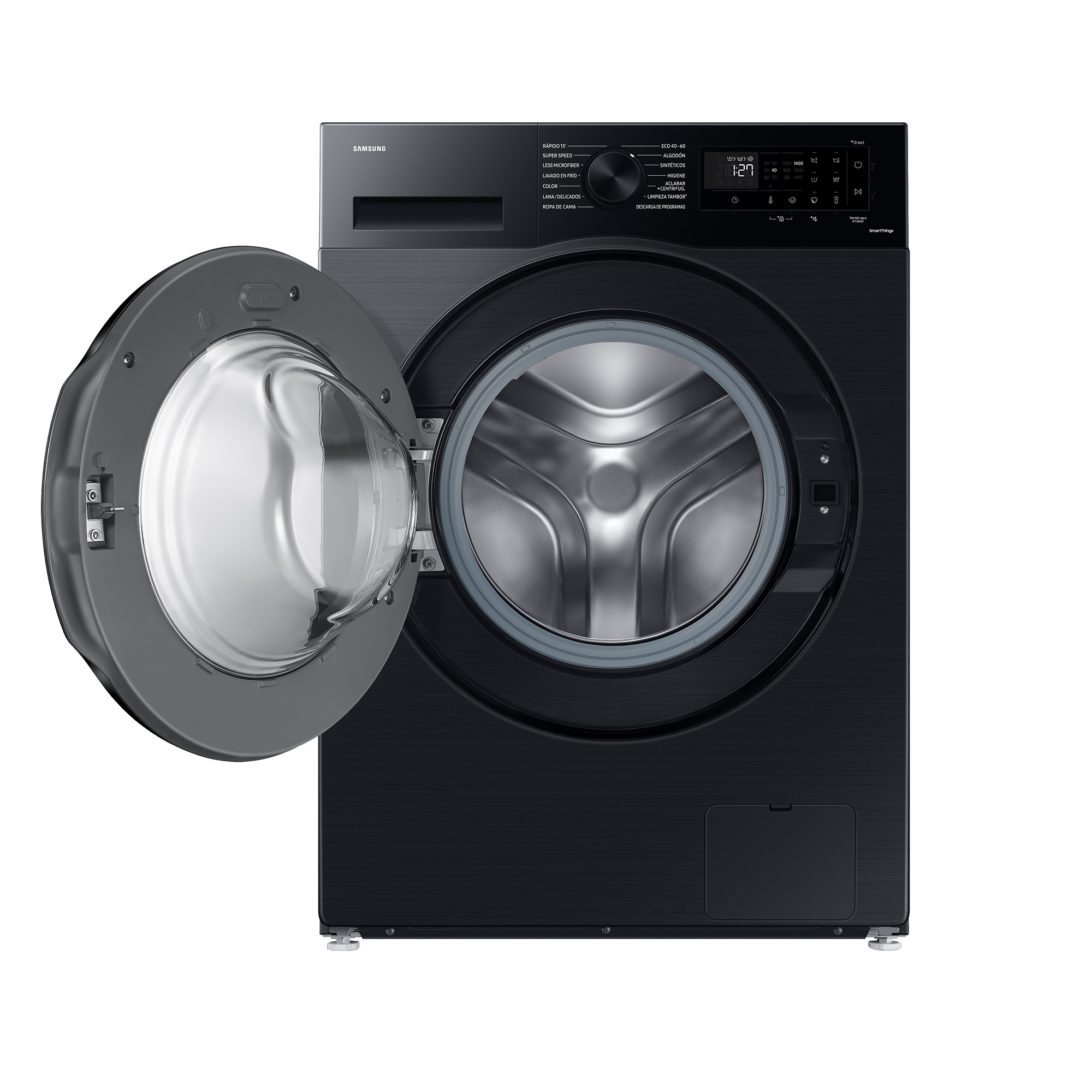Lavadora negra con puerta abierta, panel de control negro e interior plateado.