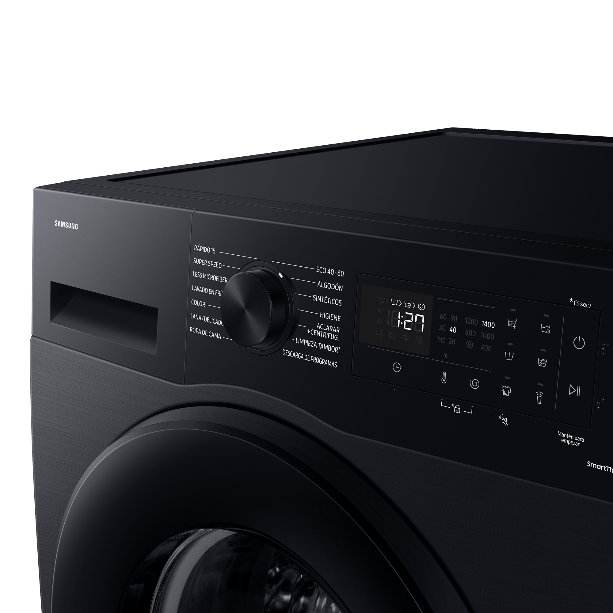 Panel de control de lavadora negro. Tiene una pantalla, una perilla y varios botones para diferentes configuraciones.
