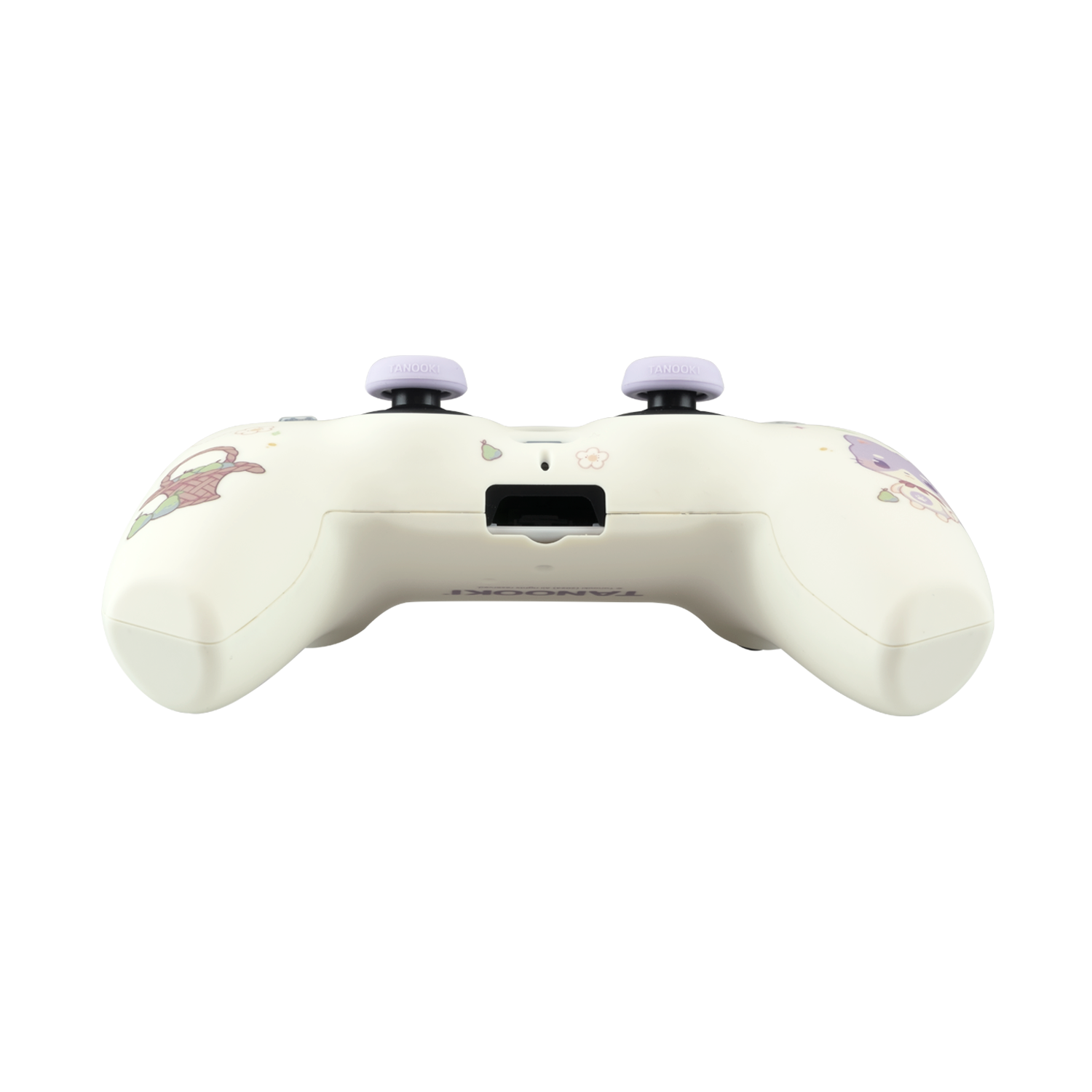 Un mando de juegos blanco con joysticks morados y diseños florales. El mando está sobre una superficie negra.