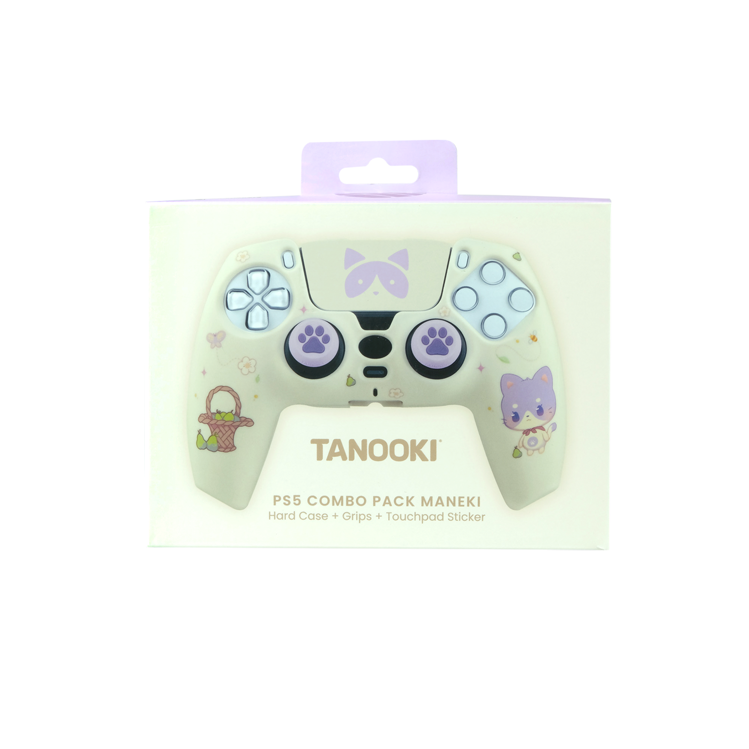 Un controlador PS5 de color claro con diseños lindos. Un colgador morado está sobre el controlador, sobre un fondo blanco.