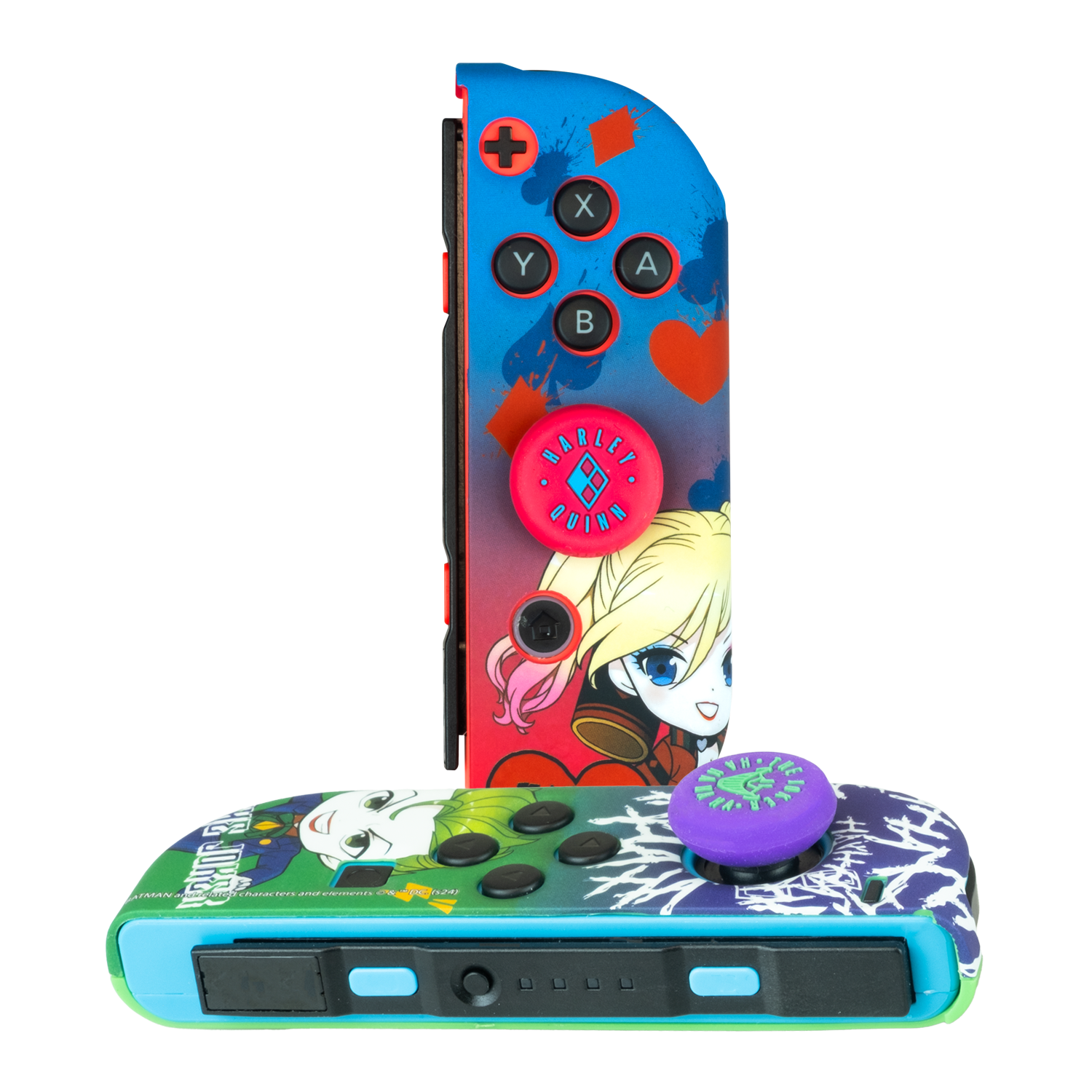 Mandos Joy-Con de Nintendo Switch. Uno rojo/azul, otro azul/verde, ambos con arte de personajes y botones.