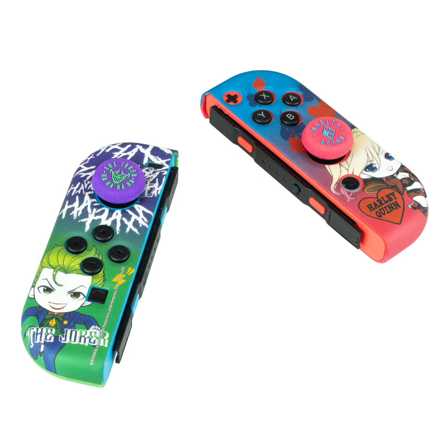 Dos mandos de Nintendo Switch con diseños de Joker y Harley Quinn.