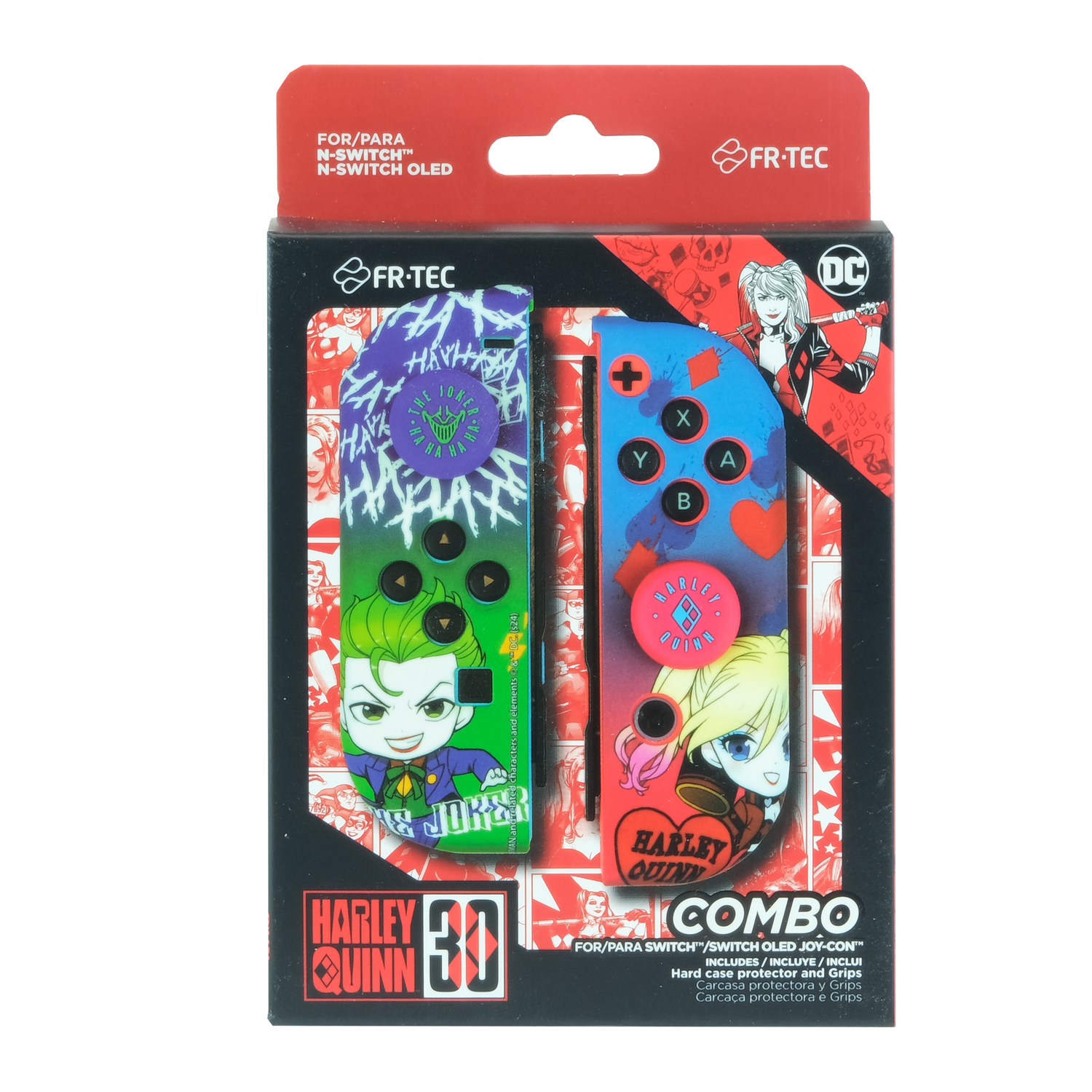 Paquete combinado de mandos Nintendo Switch Harley Quinn, con arte de Joker y Harley Quinn.
