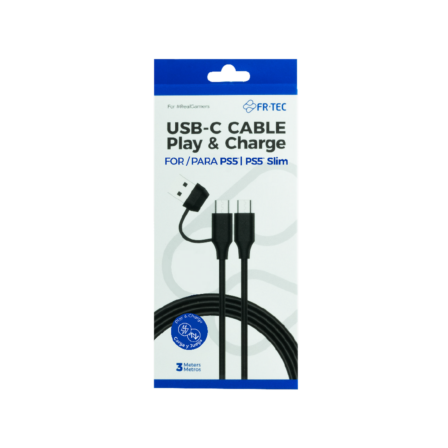 Cable USB-C negro para PS5. Empaquetado en una caja blanca y negra con texto.