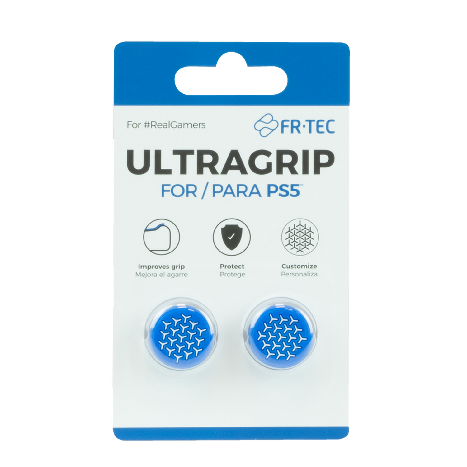 Un paquete azul y blanco de Ultragrip para PS5, con agarres para el mando.