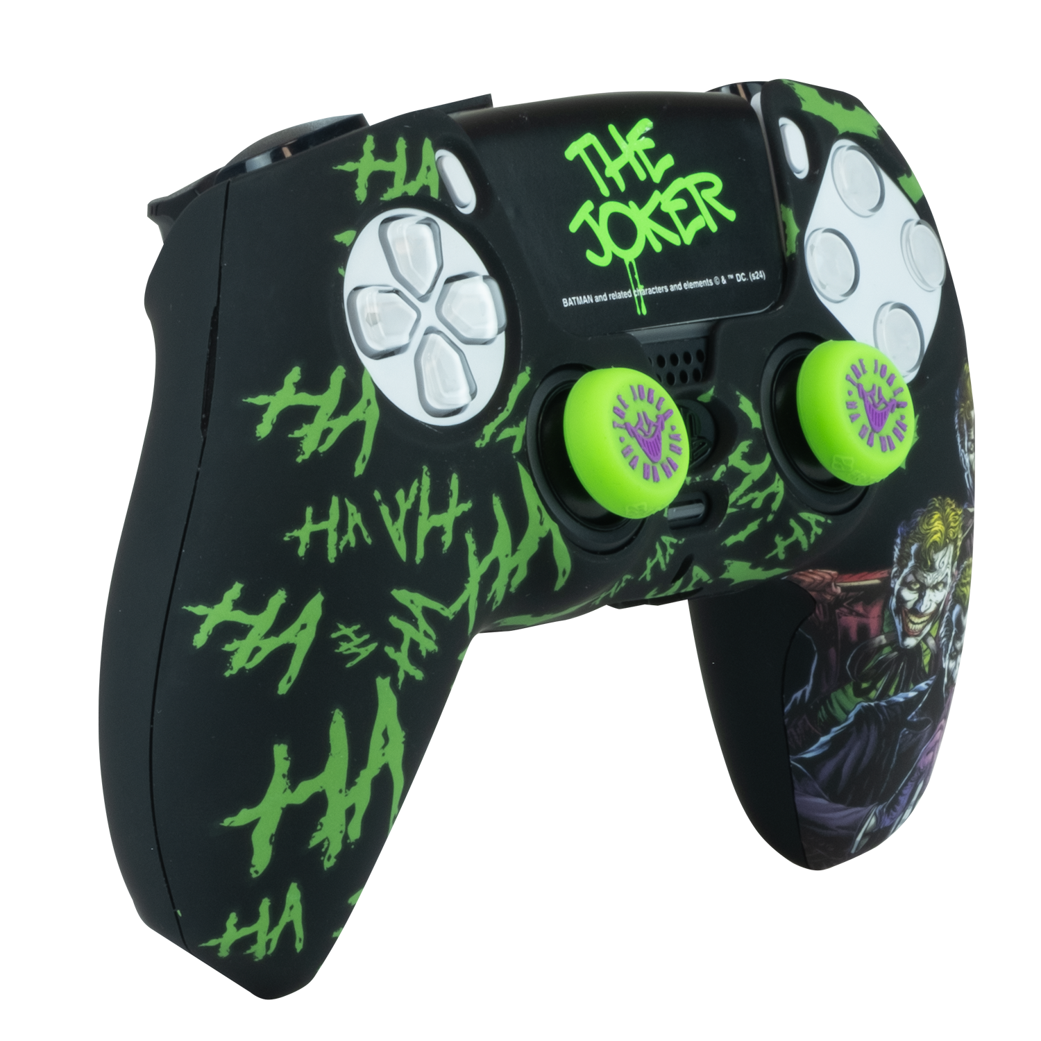 Un mando de juego negro con diseño de The Joker, botones verdes y texto.