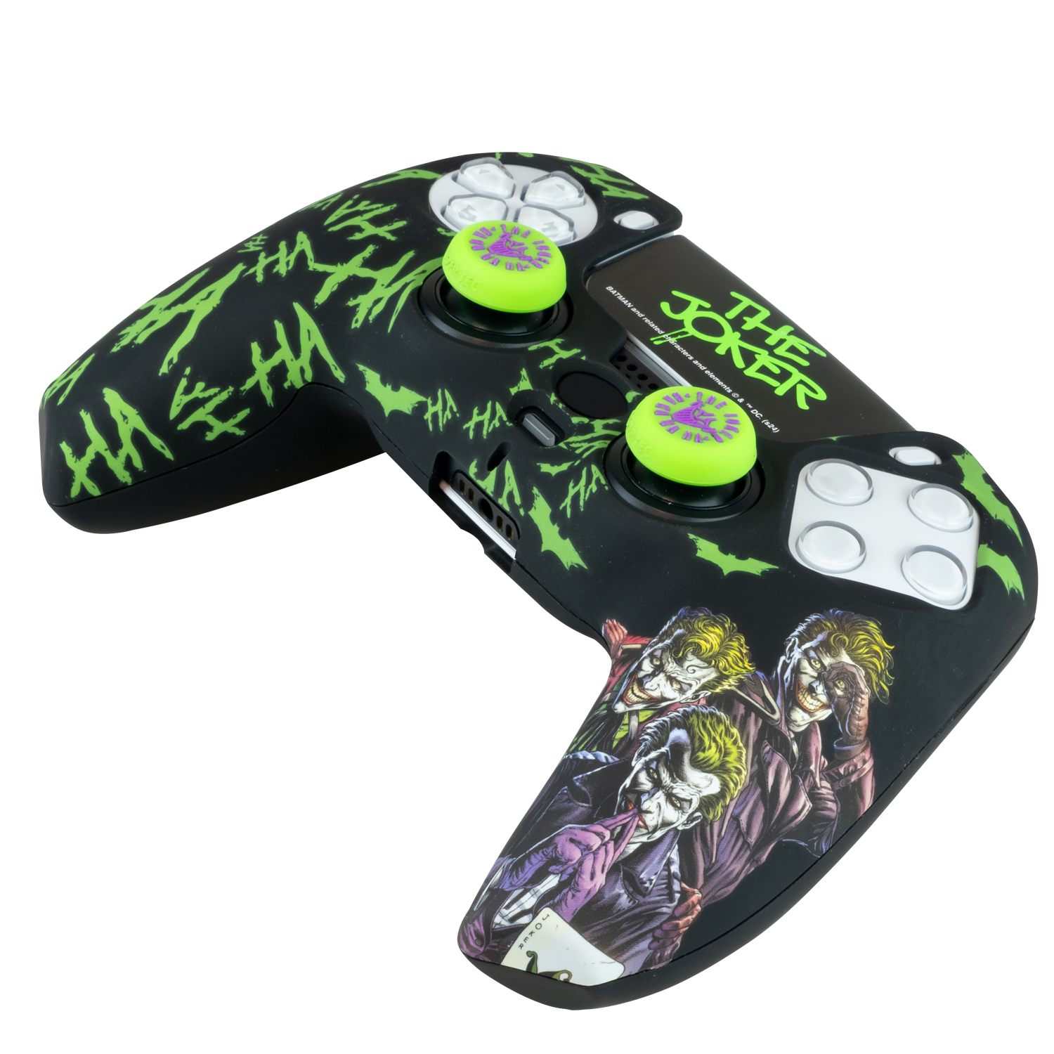 Un mando de juego negro con detalles verdes y un diseño del Joker. La cara del Joker está en el mando.
