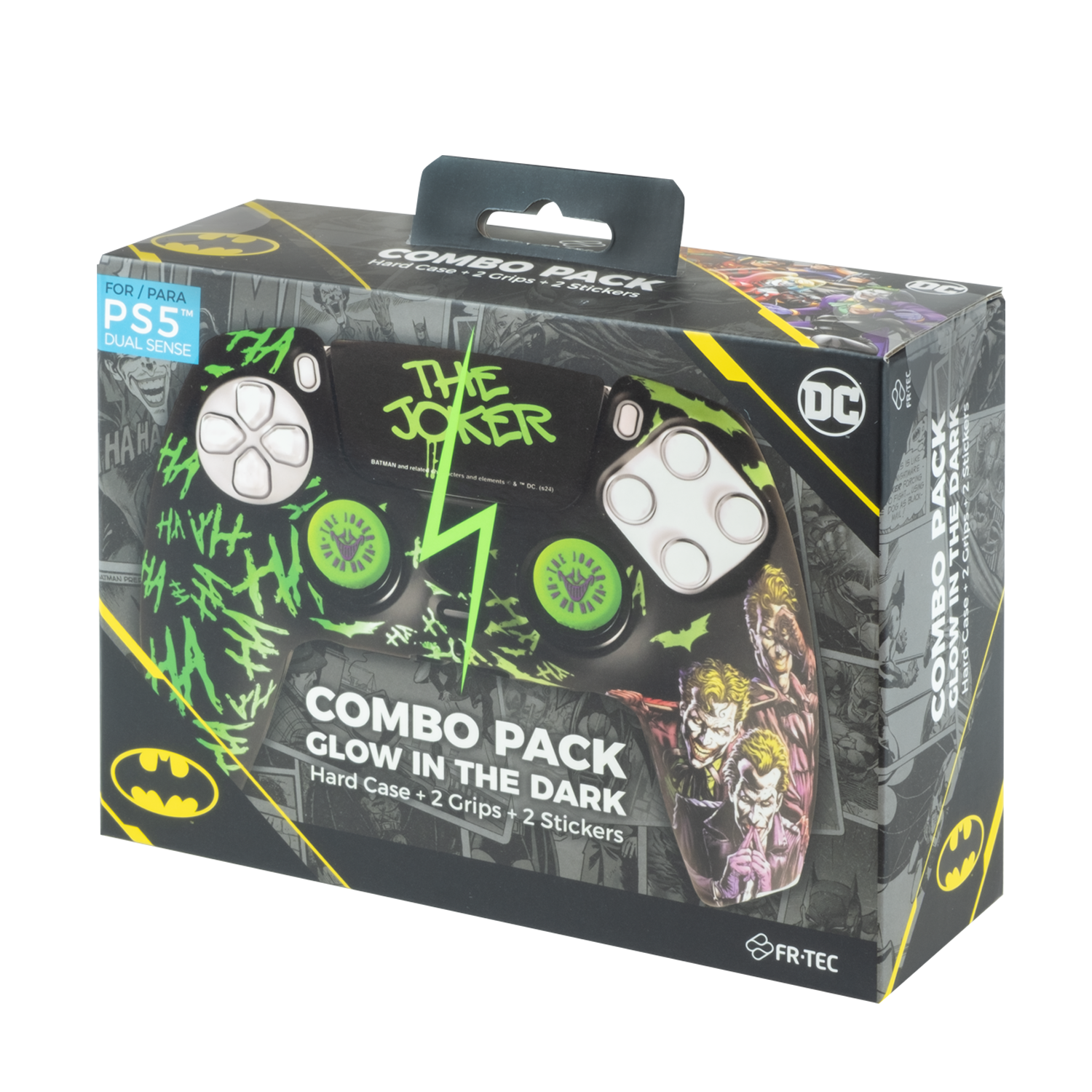 Paquete combinado para el mando de PS5. Presenta un diseño del Joker con detalles verdes, funda rígida, agarres y pegatinas.