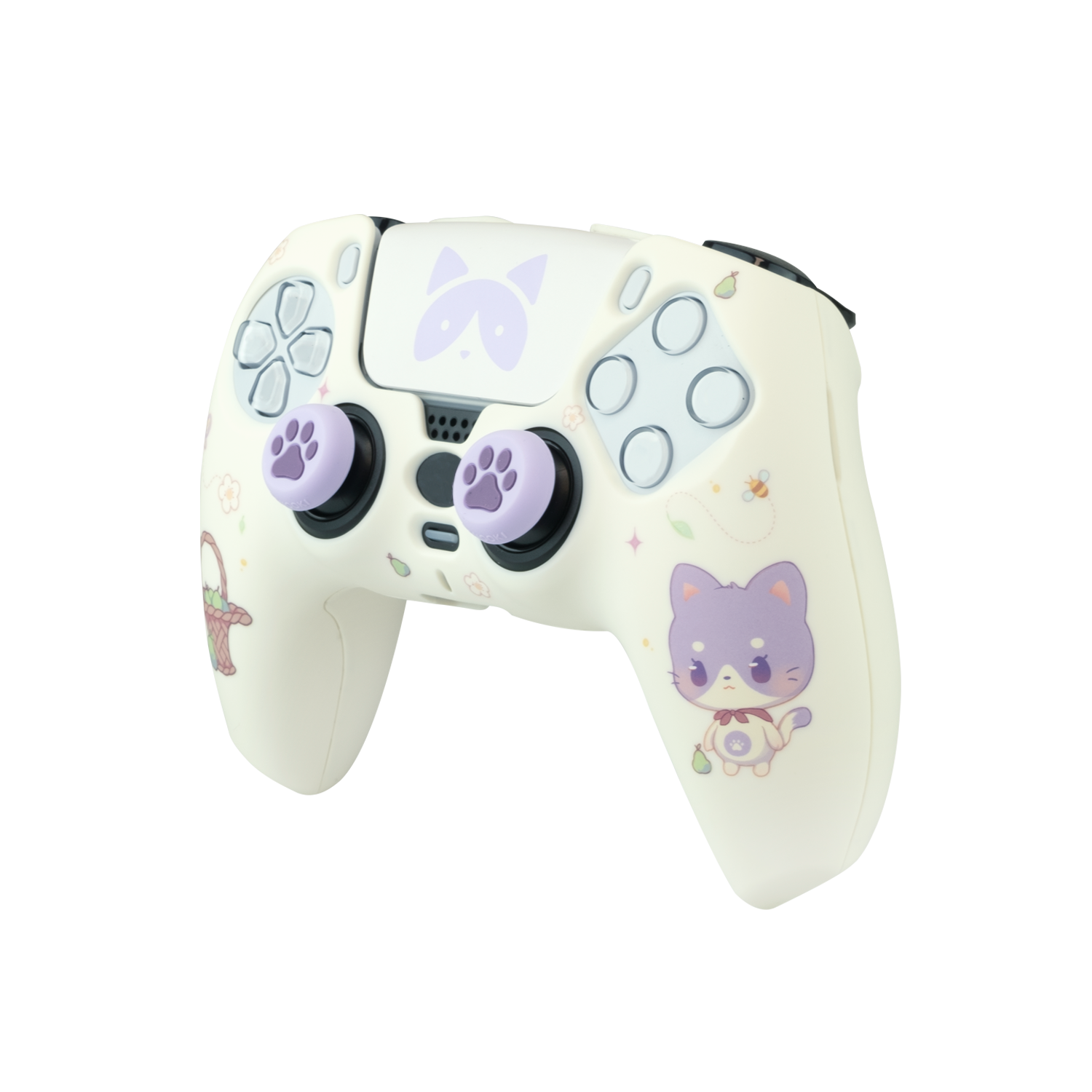 Mando de juegos blanco con diseños de gatos. Botones morados y una cara de gato.