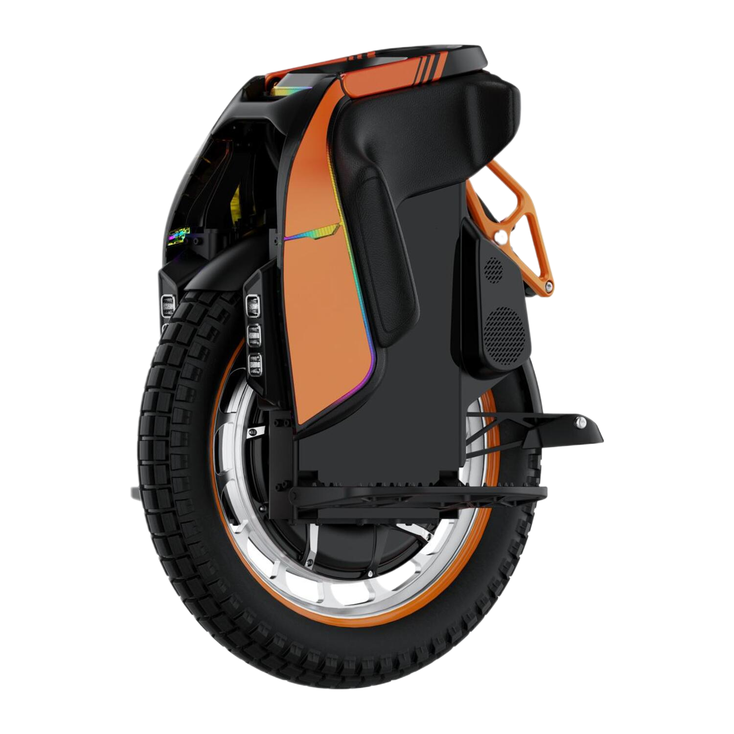 Monocycle électrique orange et noir. Roues et repose-pieds visibles.