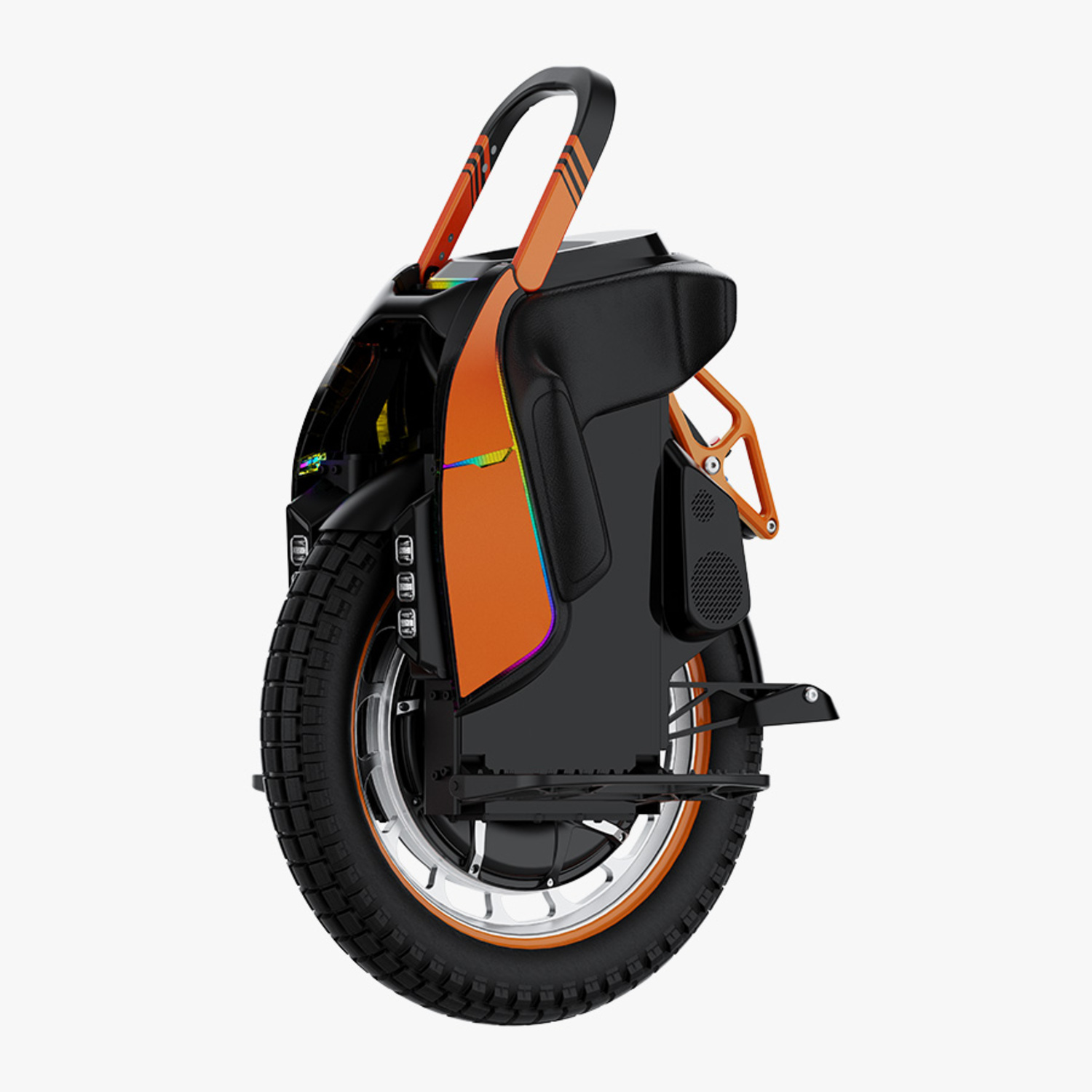 Monocycle électrique noir et orange, vue latérale, montrant la roue, les repose-pieds et la poignée.