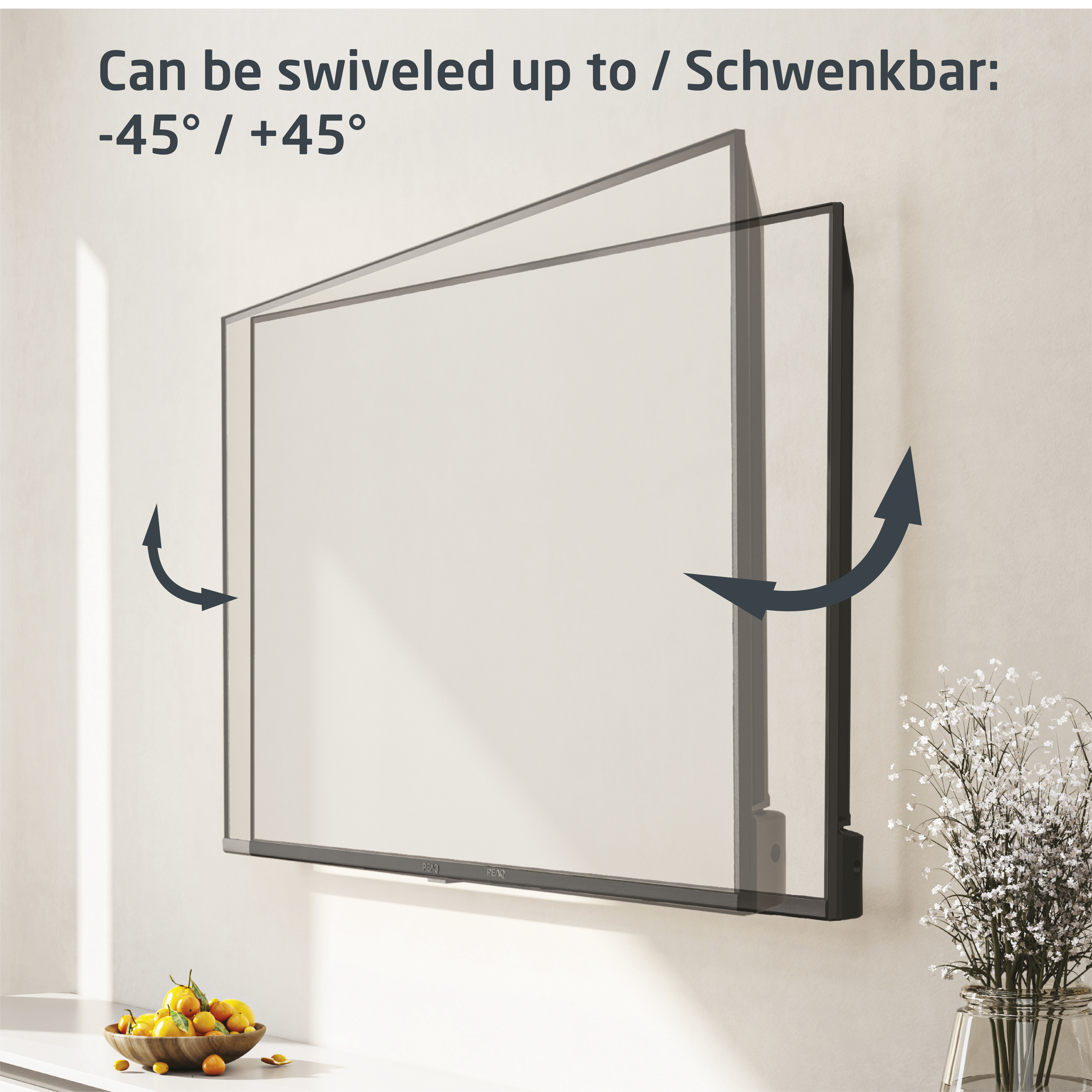 Ein schwarzer Bildschirm an einer Wand, mit Pfeilen, die seine Schwenkbarkeit anzeigen.