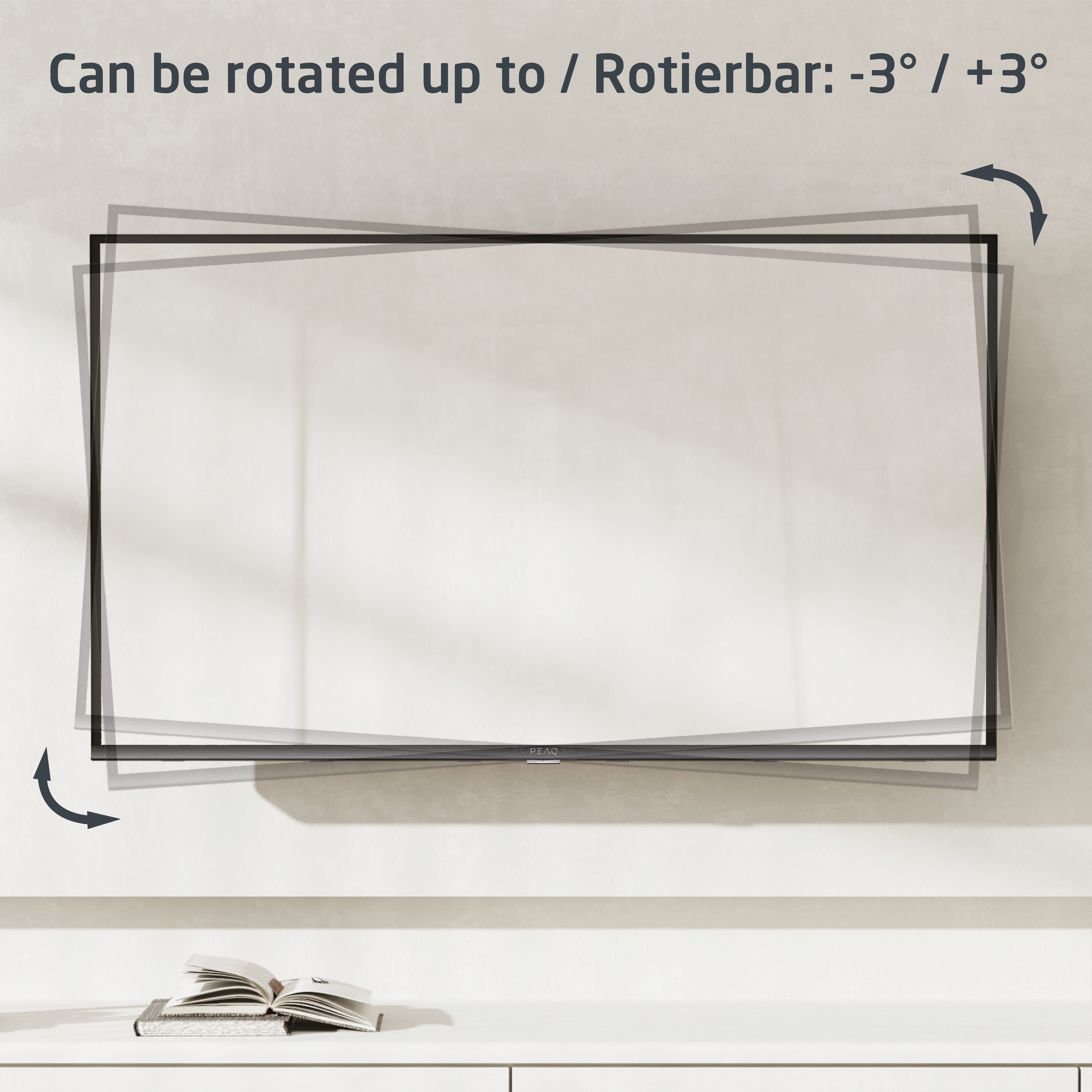 Ein Fernsehbildschirm an der Wand, der den Drehwinkel bis zu +3° und -3° veranschaulicht.