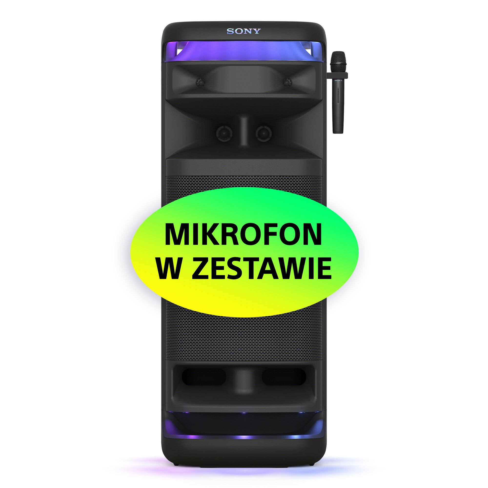 Czarny, wysoki głośnik z mikrofonem, z tekstem: 'Mikrofon w zestawie' na owalnej naklejce.