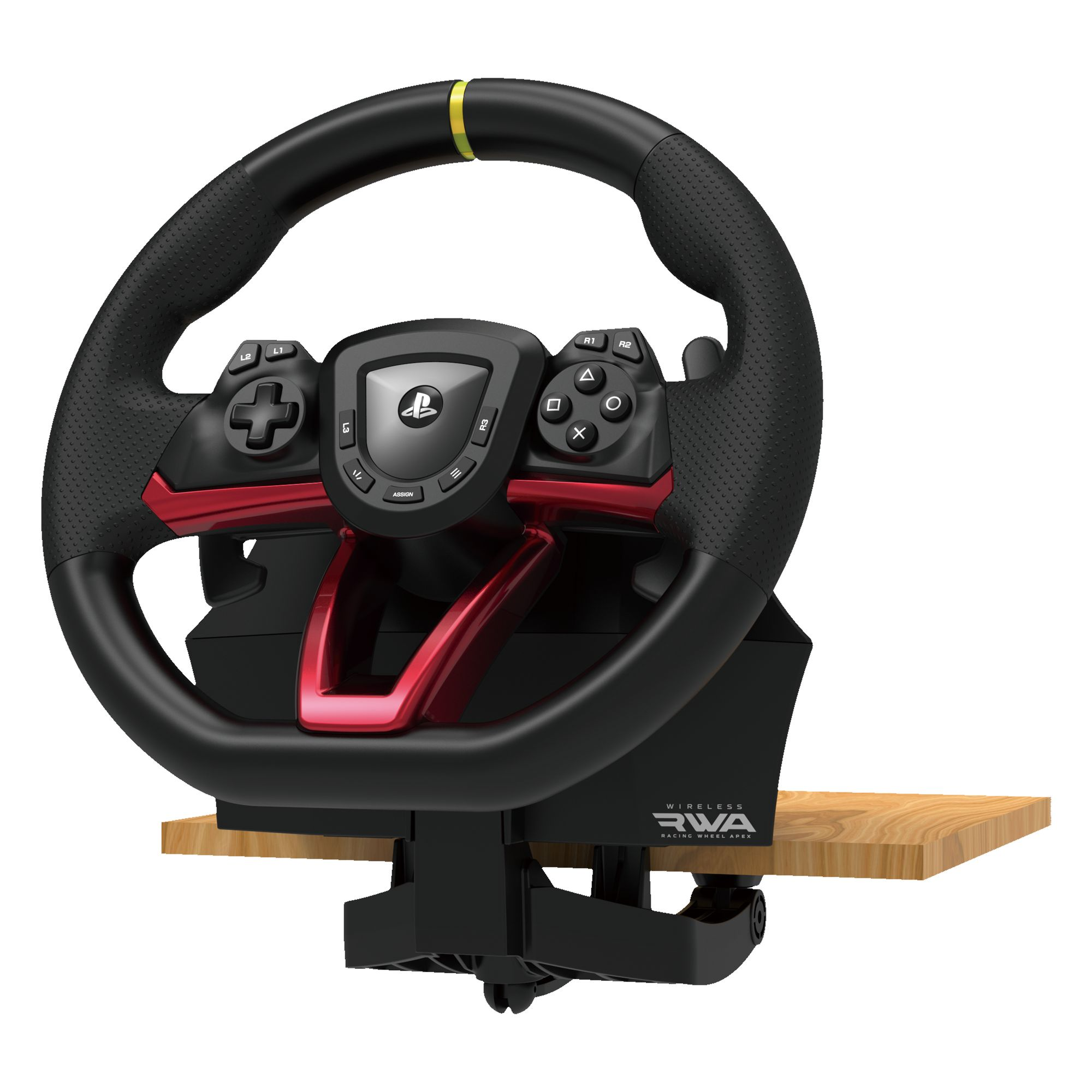 Ein Gaming-Lenkrad, das auf einem Holztisch mit roten Akzenten, einem schwarzen Lenkrad und Knöpfen montiert ist.