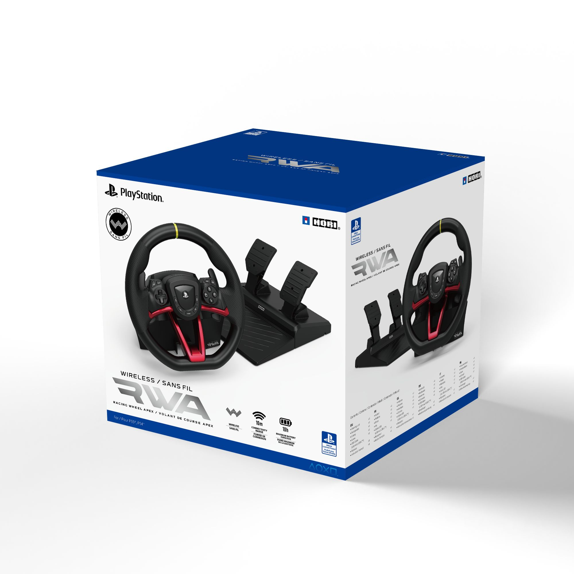 Gaming-Lenkrad und Pedal-Set in einer Box mit PlayStation-Branding.