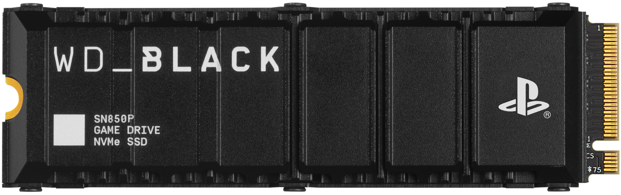WD_BLACK SN850P Game Drive. Eine schwarze NVMe SSD mit dem Playstation-Logo.