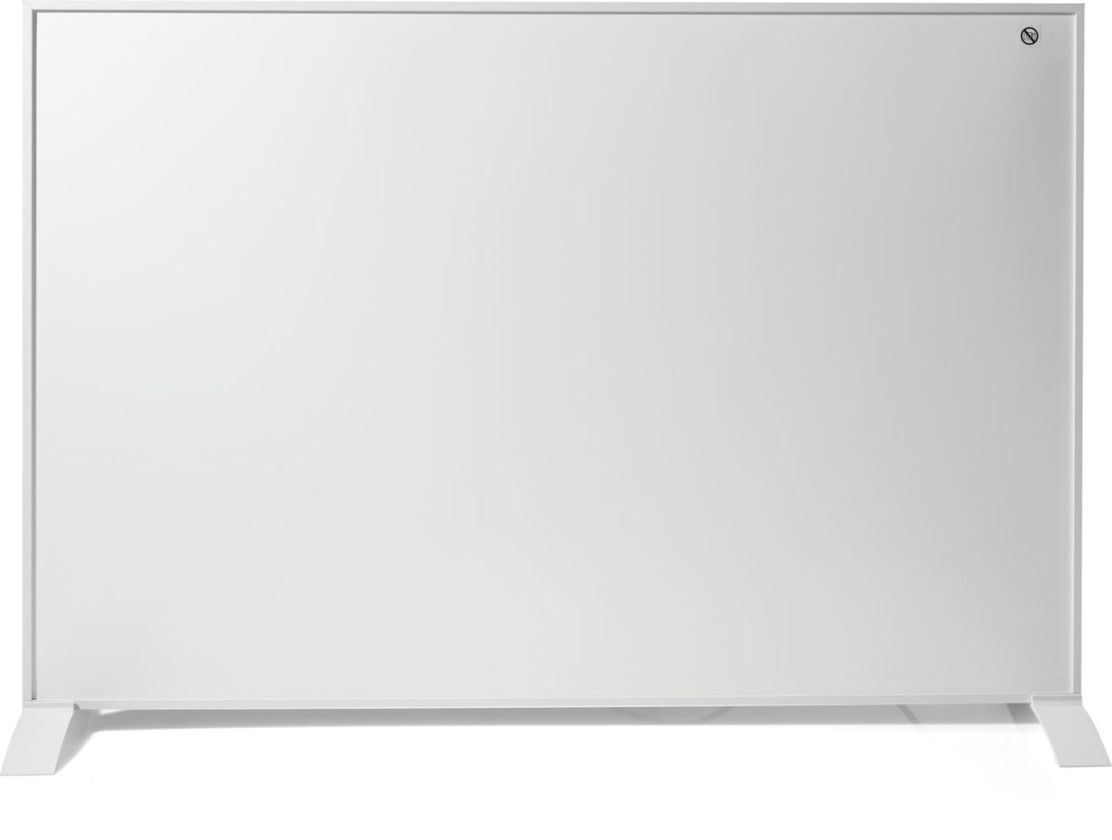 Fehér elektromos radiátor. Lapos, téglalap alakú. Két kis láb alul. Fehér felület.