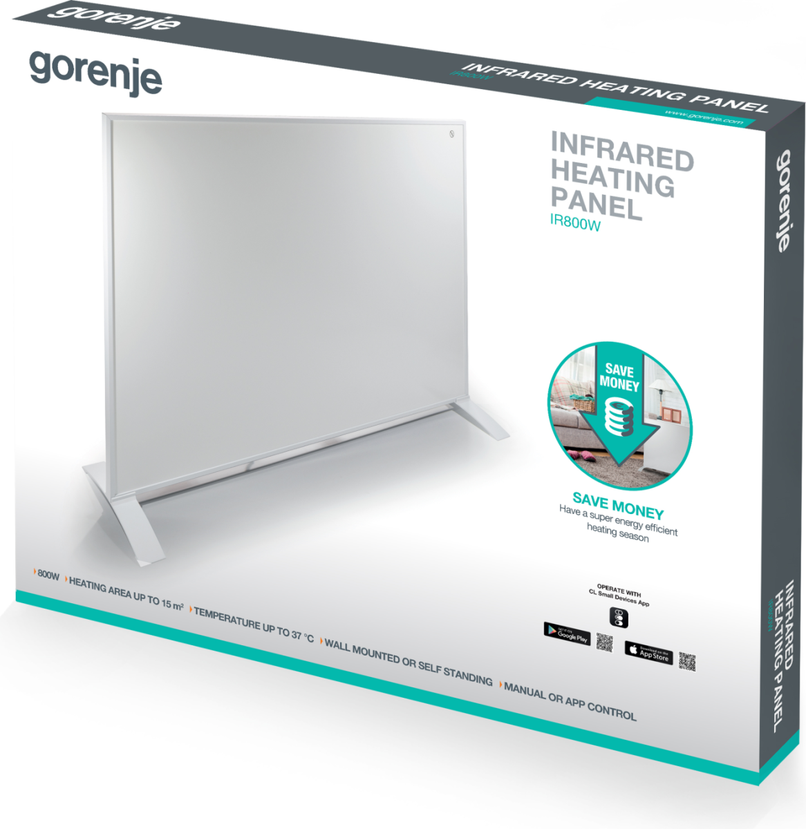 Gorenje infravörös fűtőpanel dobozban, termék részletekkel, funkciókkal és QR kóddal.