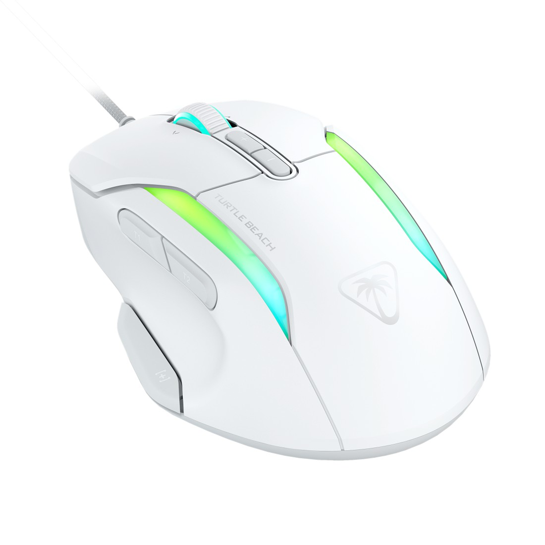 Weiße Turtle Beach Gaming-Maus mit grünen und blauen Akzenten. Angesicht auf weißem Hintergrund.