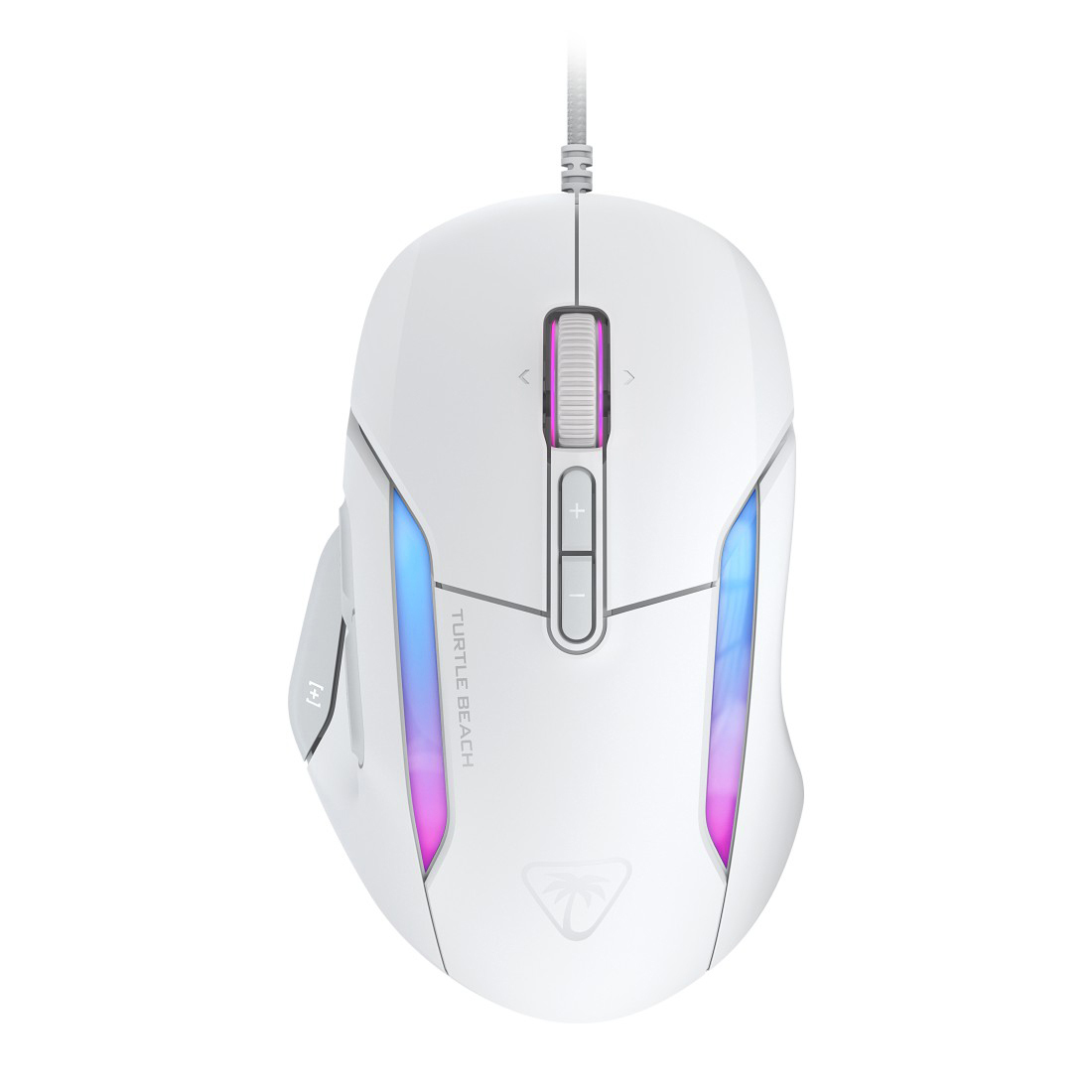 Weiße Gaming-Maus mit farbigen LED-Akzenten. Verfügt über ein Scrollrad, mehrere Tasten und das Turtle Beach-Logo. USB-Kabel befestigt.