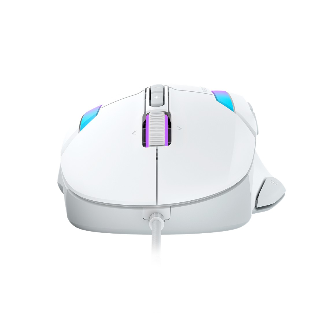 Eine weiße Gaming-Maus mit farbigen Lichtern und einem Kabel, von oben betrachtet.