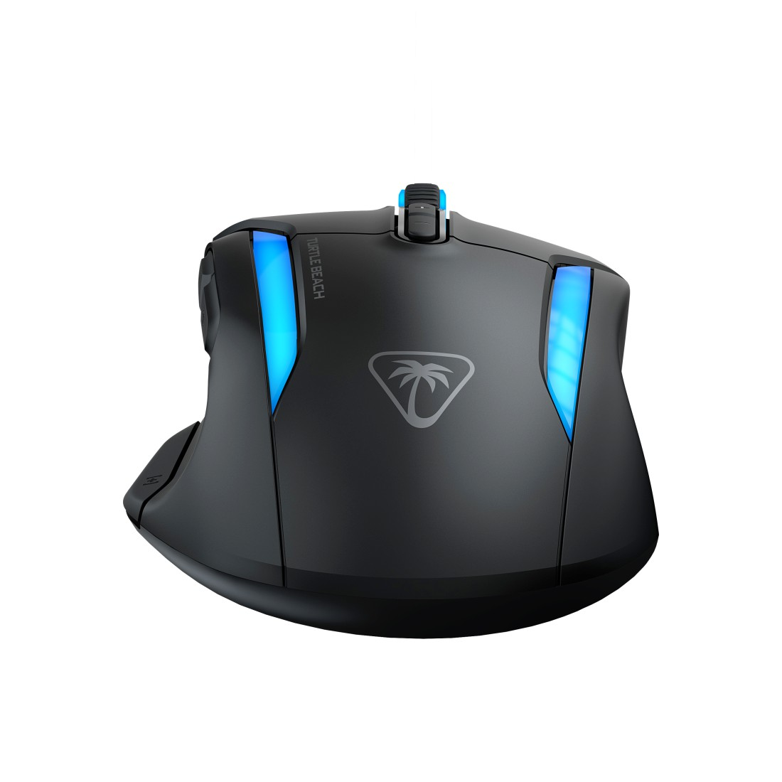 Schwarze Gaming-Maus mit blauen Lichtern und einem Palmenlogo.