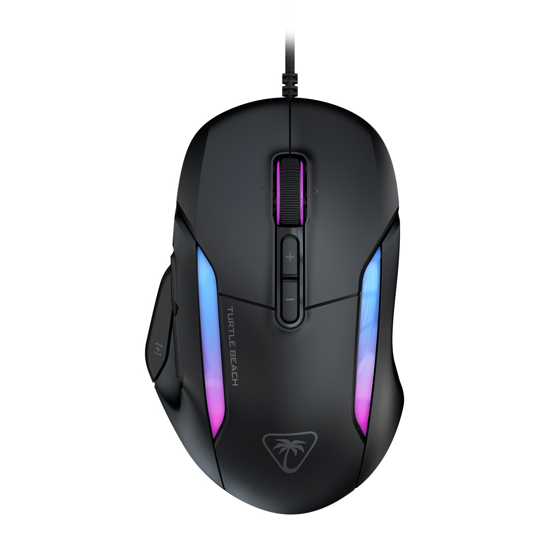 Eine schwarze Gaming-Maus mit RGB-Beleuchtung, Logo und Tasten, auf weißem Hintergrund.