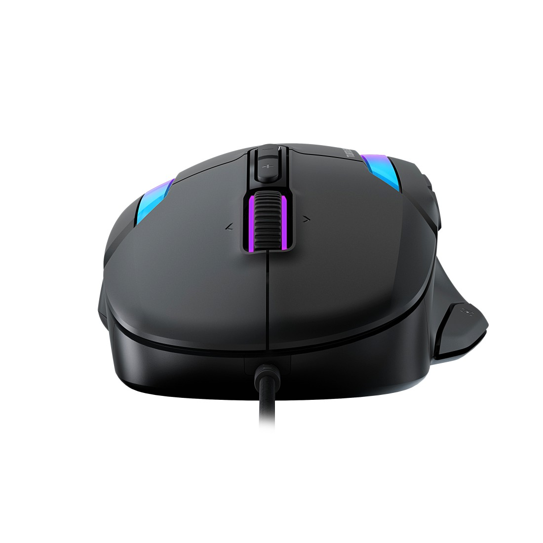Eine schwarze Gaming-Maus mit farbiger Beleuchtung und Kabel.