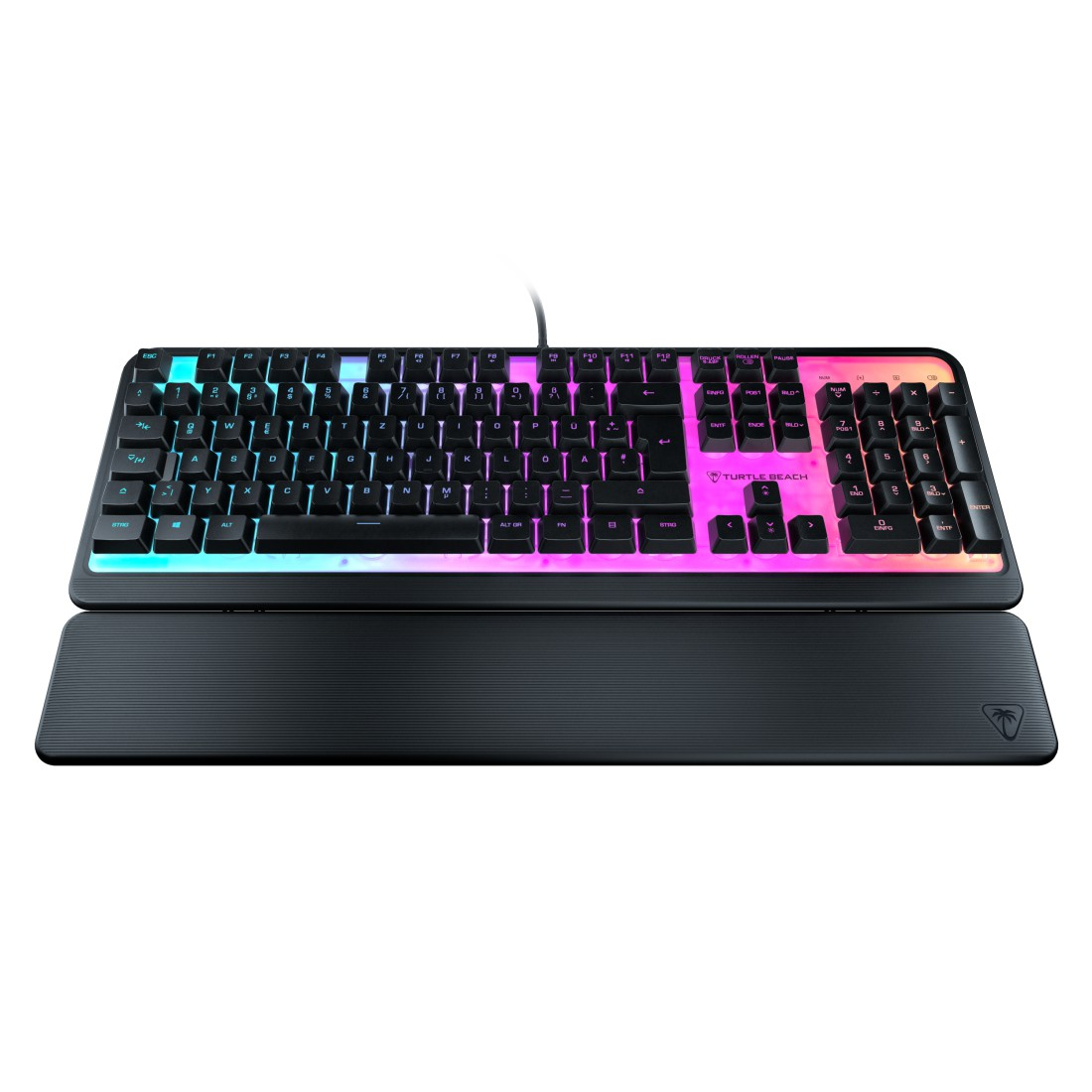 Eine hintergrundbeleuchtete Gaming-Tastatur mit Handgelenkauflage, zeigt farbige Lichter.