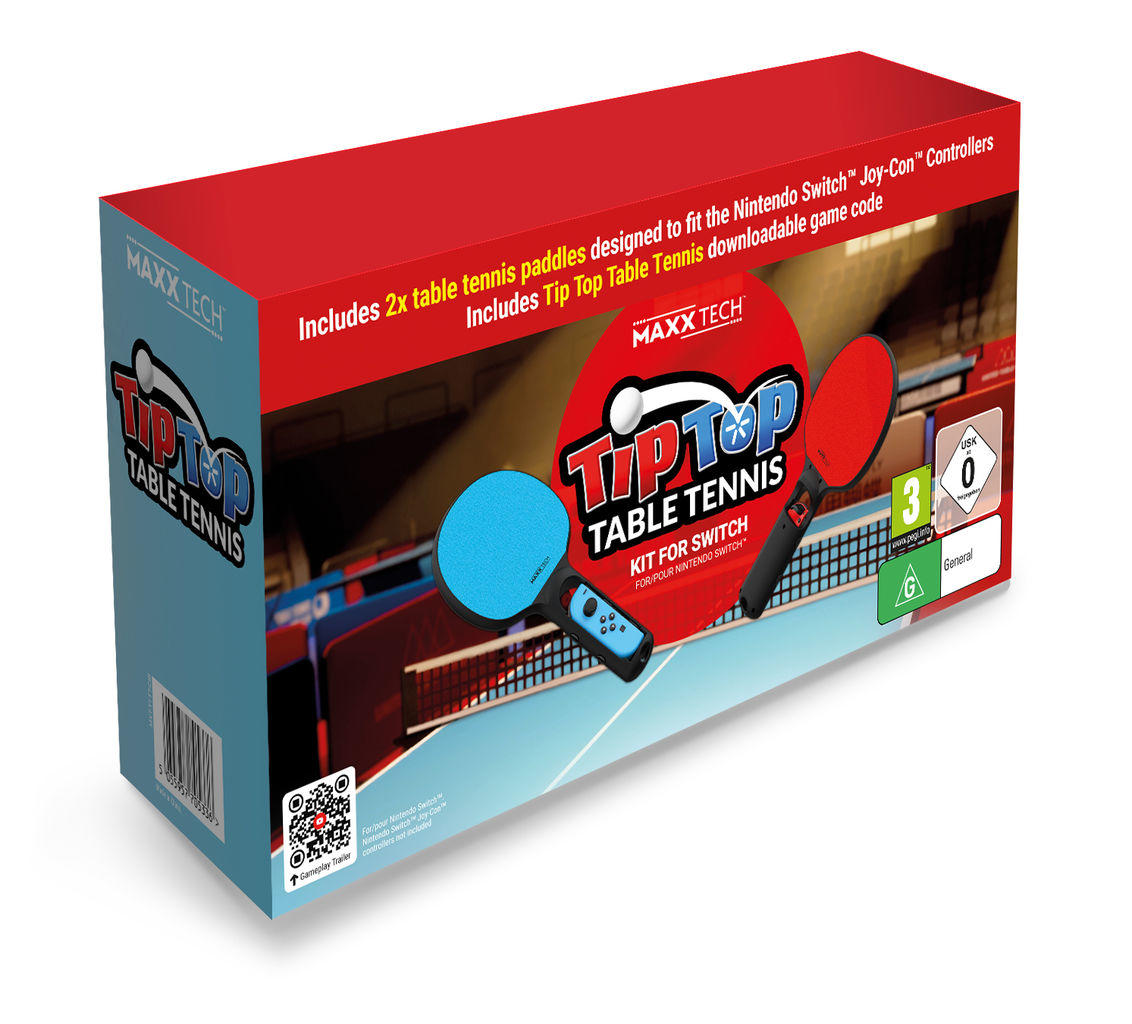 Una caja de paletas de tenis de mesa para Nintendo Switch. Se muestran paletas rojas y azules.
