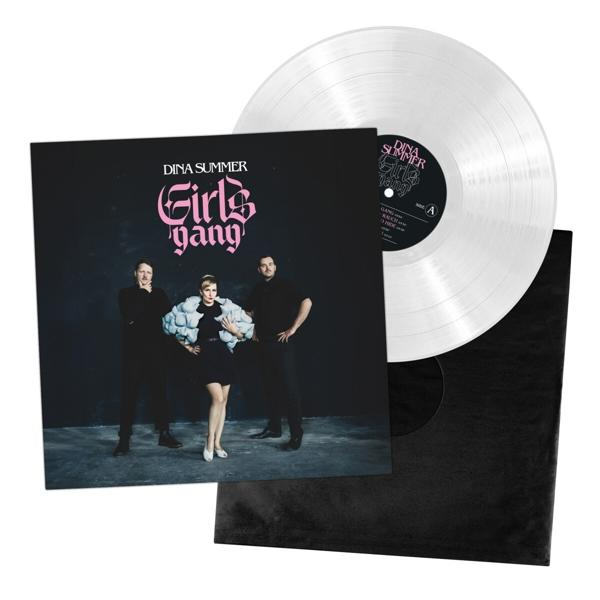 Albumcover mit "Girls Gang" und drei Personen. Daneben eine Schallplatte mit Hülle.