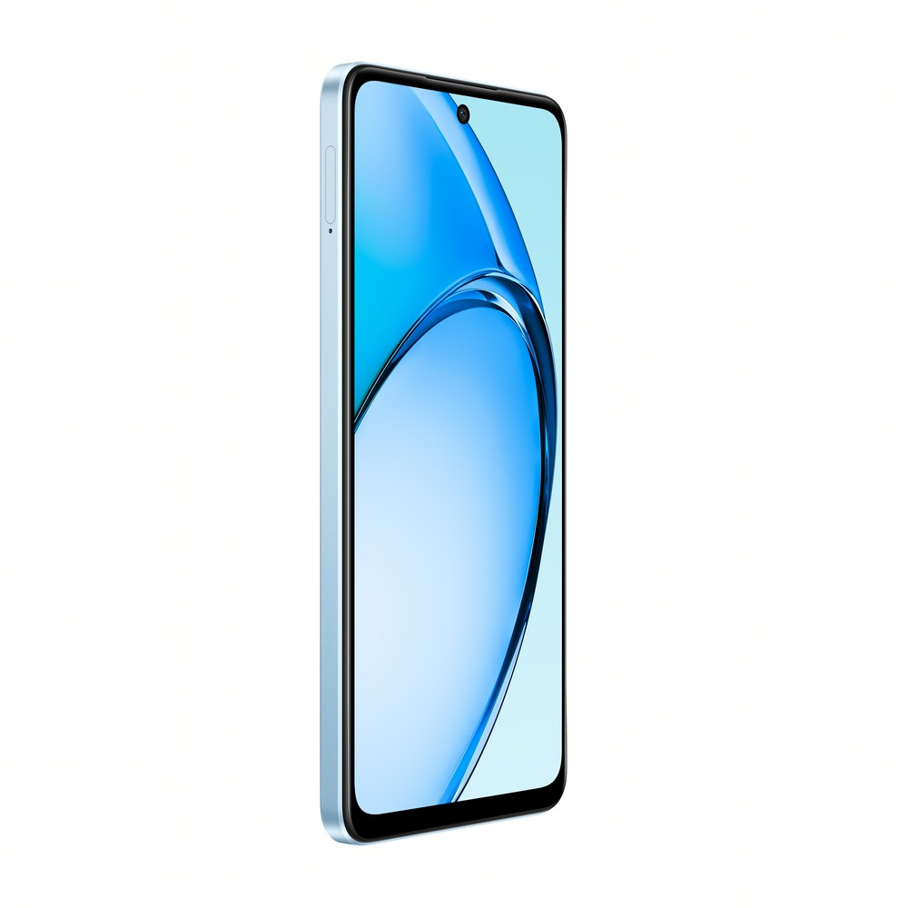 Profil şeklinde açık mavi bir akıllı telefon, ekran mavi, kavisli soyut bir tasarım gösteriyor.