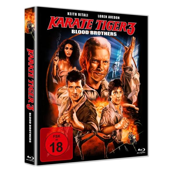 DVD-Cover für Karate Tiger 3: Blood Brothers mit Schauspielern in Actionposen.