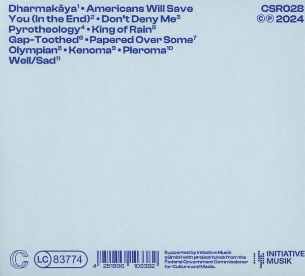 Albumcover mit einer Liste von Songtiteln. Hellblauer Hintergrund mit Text und Logo.