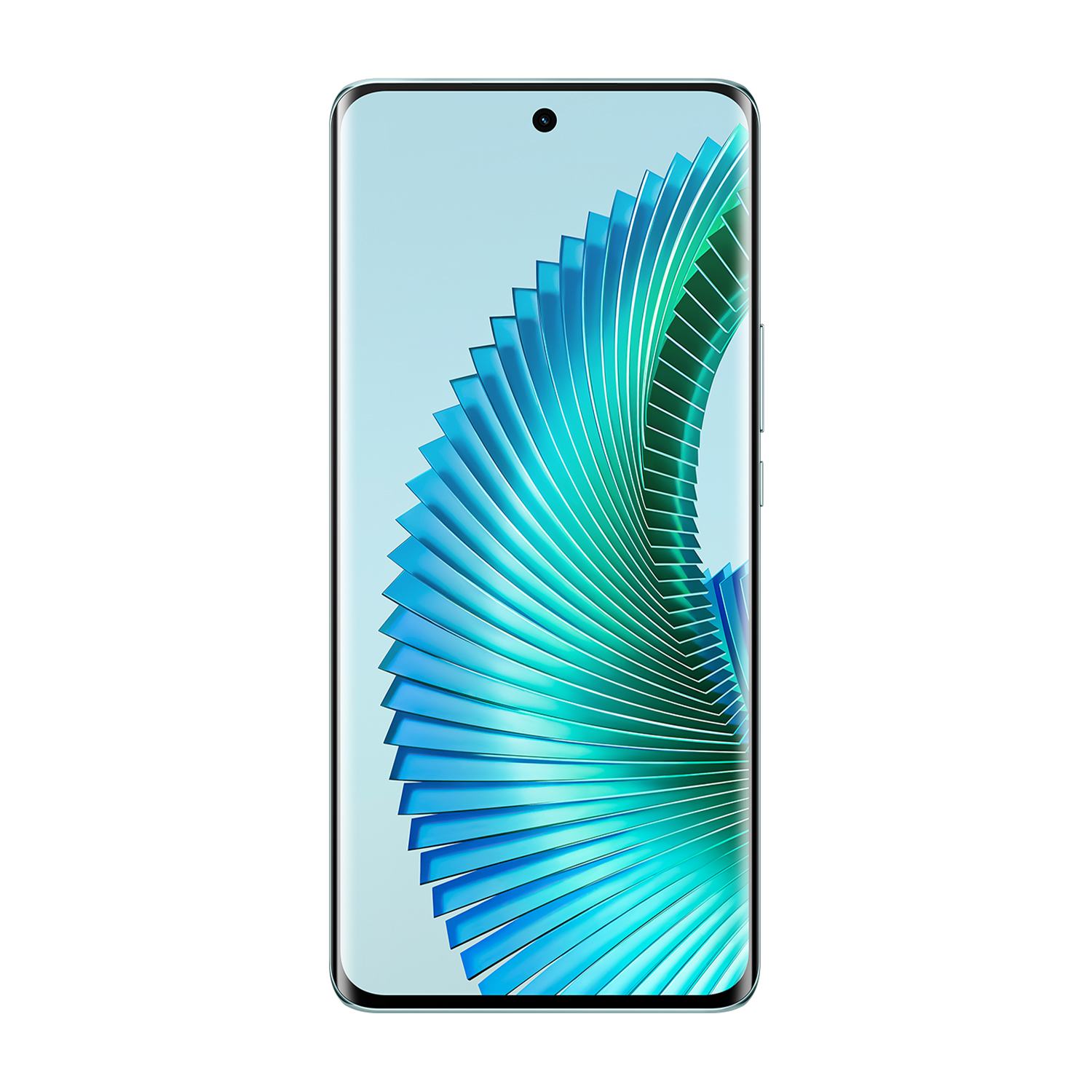 Smartphone con design blu e verde sullo schermo. Lo sfondo è bianco.